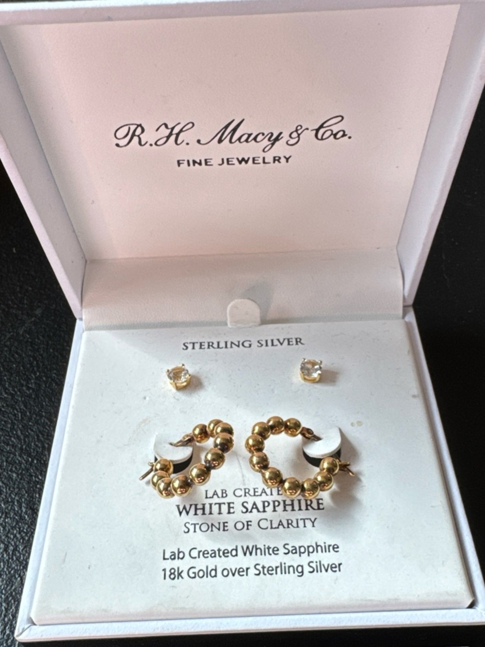 R.H. Macy & Co Gold Beaded Hoop Earrings with White Sapphire Studs